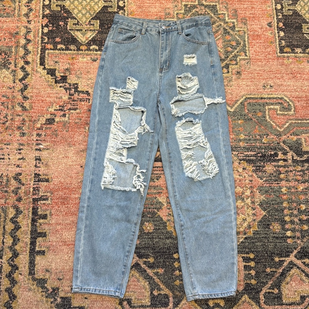 Distressed straight leg jeans